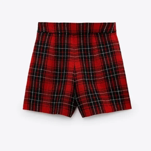 Zara Red Plaid Wool Blend Gold metallic Buttoned Shorts